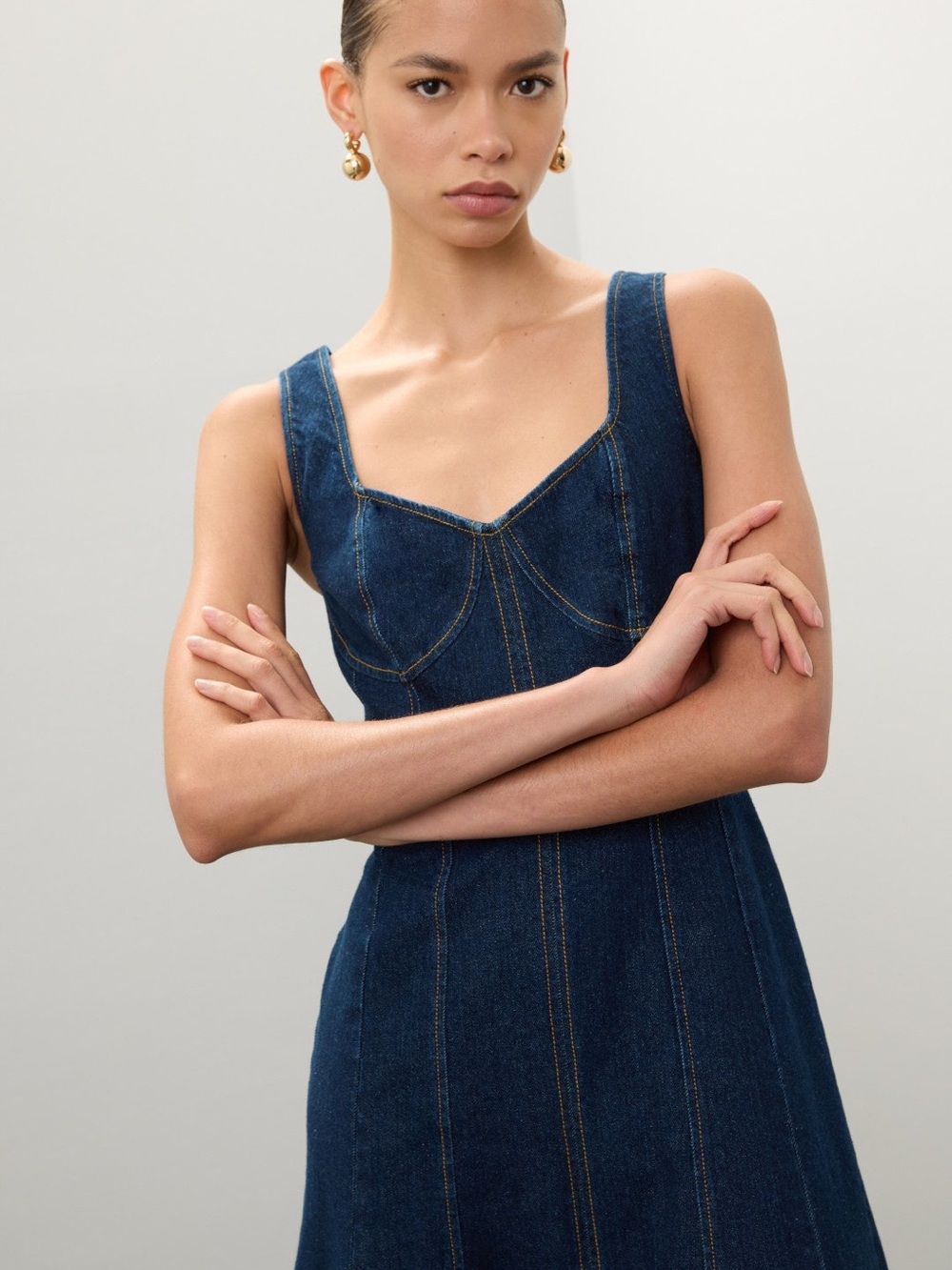 Jason Wu Dark Blue Denim Midi Dress with Bustier Detail - Picture 3 of 5
